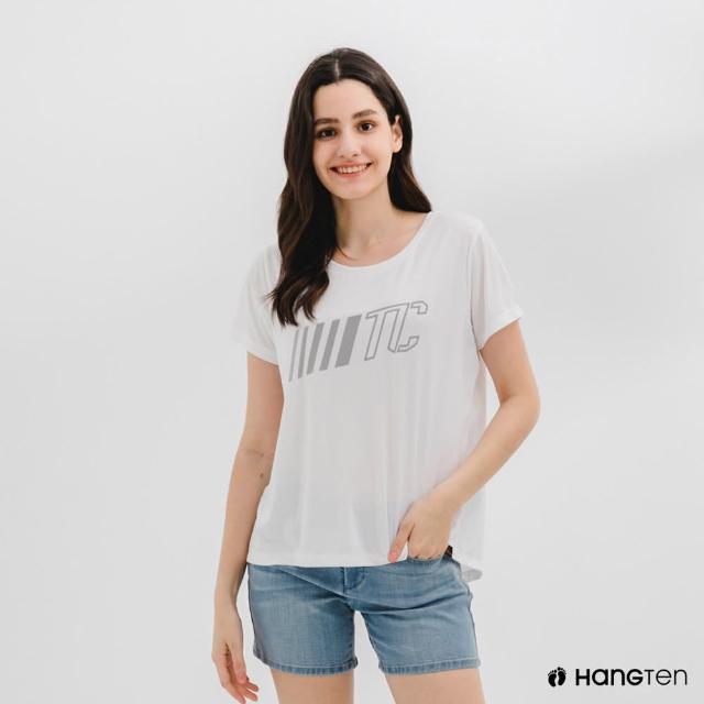 【Hang Ten】女裝-恆溫多功能-環保寶特瓶回收紗HEIQ吸濕感溫後開衩印花短袖T恤-白