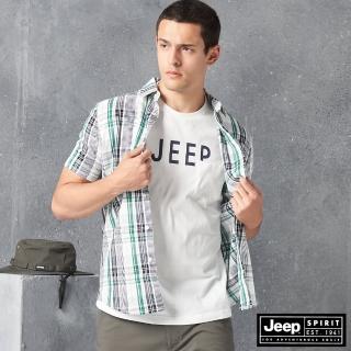 【JEEP】男裝 休閒百搭格紋短袖襯衫(白綠)