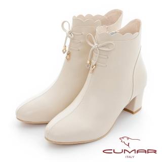 【CUMAR】波浪邊綁帶裝飾粗跟短靴(米白)