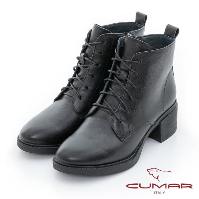 【CUMAR】素色粗跟綁帶率性短靴(黑色)