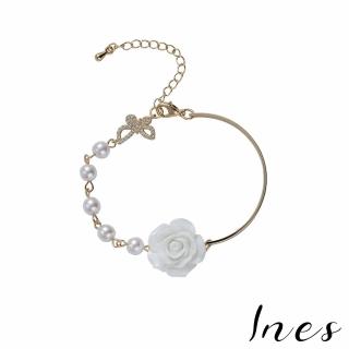 【INES】蝴蝶手鍊 珍珠手鍊 水鑽手鍊/韓國設計立體玫瑰花朵珍珠水鑽蝴蝶手鍊(2色任選)