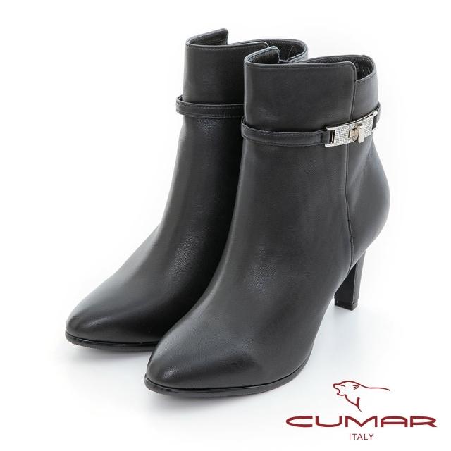 【CUMAR】腳踝帶水鑽釦環高跟短靴(黑色)