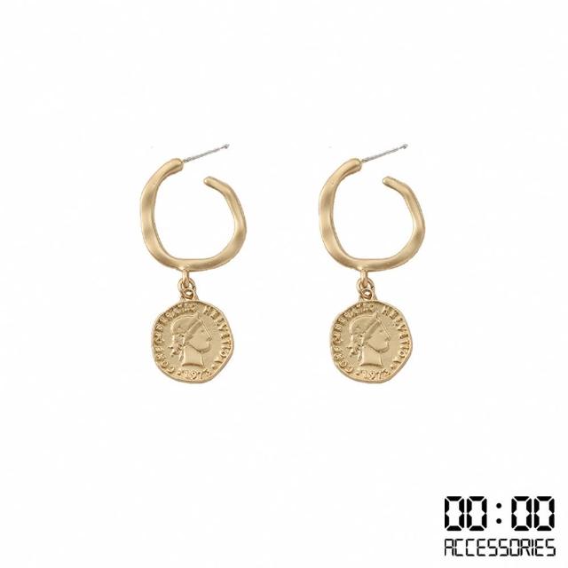 【00:00】韓國設計S925銀針復古啞光金屬C圈硬幣頭像造型耳環(S925銀針耳環 C圈耳環)