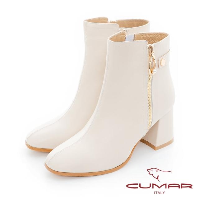 【CUMAR】方頭側拉鍊珍珠裝飾粗跟短靴(白色)