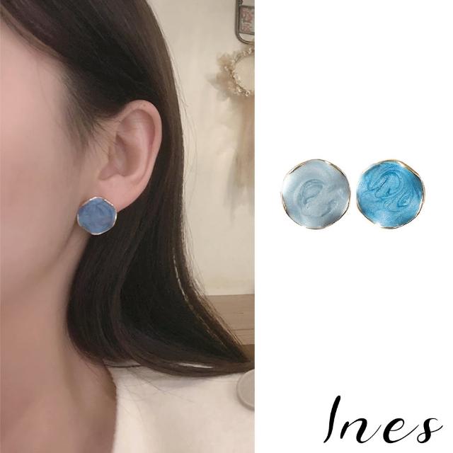 【INES】韓國設計S925銀針幾何撞色藍色滴釉圓形耳環(S925銀針耳環 幾何耳環 圓形耳環)