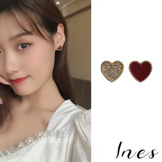 【INES】韓國設計S925銀針不對稱閃耀美鑽紅色愛心耳環(S925銀針耳環 不對稱耳環)