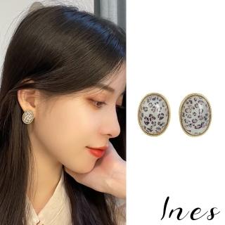 【INES】韓國設計S925銀針幾何橢圓法式復古豹紋壓克力耳環(S925銀針耳環 豹紋耳環 橢圓耳環)