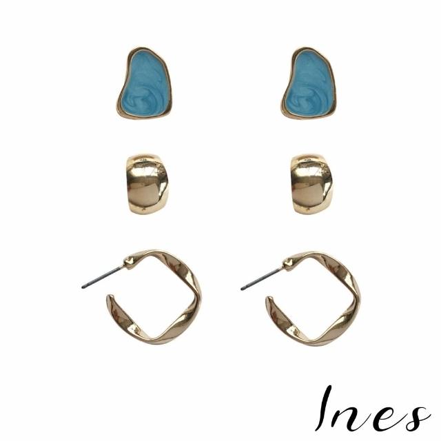 【INES】不規則耳環 C圈耳環/韓國設計不規則幾何滴釉C圈造型3件耳環套組(3色任選)