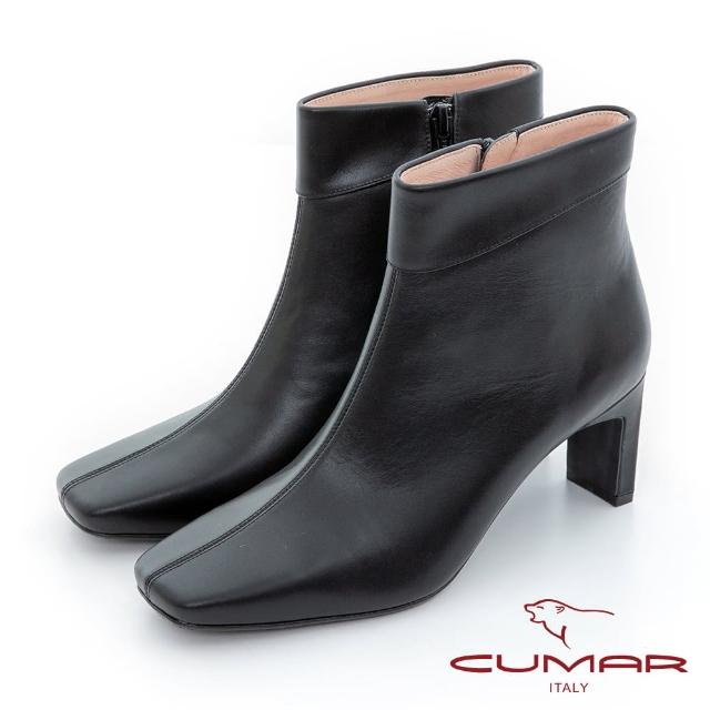 【CUMAR】簡約方頭粗跟短靴(黑色)