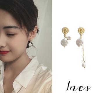 【INES】韓國設計S925銀針法式復古人像錢幣不對稱長鍊珍珠造型耳環(S925銀針耳環 不對稱耳環)