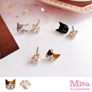 【MISA】S925銀針耳環 不對稱耳環/韓國設計S925銀針不對稱可愛貓咪珍珠腳掌造型耳環(3款任選)