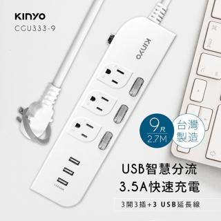 【KINYO】3USB+3開3插3孔3P插頭延長線2.7M-9尺(USB延長線)