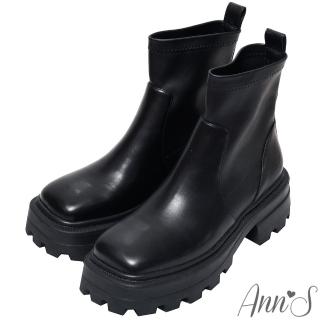 【Ann’S】流行回歸-顯瘦貼腿彈力皮革厚底方頭軍靴短靴5cm(黑)