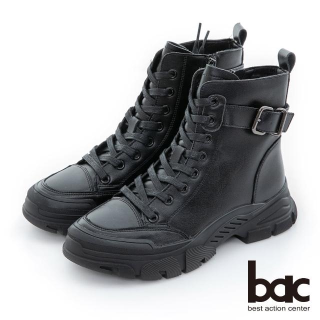 【bac】皮革高筒綁帶休閒短靴(黑色)
