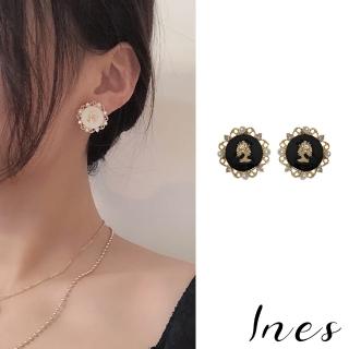 【INES】S925銀針耳環 水鑽耳環/韓國設計S925銀針法式復古錢幣頭像珍珠美鑽花邊造型耳環(2色任選)