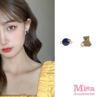 【MISA】韓國設計S925銀針不對稱設計可愛星球小熊造型耳環(S925銀針耳環 不對稱耳環 小熊耳環)