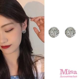 【MISA】韓國設計S925銀針璀璨金蔥透明水晶圓形耳環(S925銀針耳環 水晶耳環 金蔥耳環)