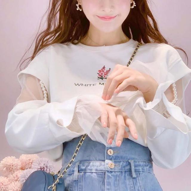 【BBHONEY】韓國重工 網紗拼接袖 甜美刺繡花朵減齡百搭上衣(網美必備款)