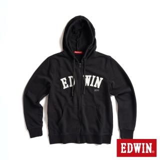 【EDWIN】女裝 大LOGO貼布繡連帽拉T外套(黑色)
