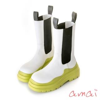 【amai】撞色厚底中筒切爾西靴 雨靴 中筒靴 大尺碼 WB99WG(白綠)