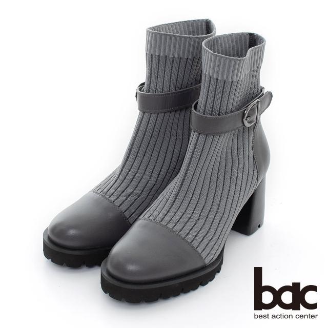 【bac】針織彈力拼接粗跟短靴(灰色)