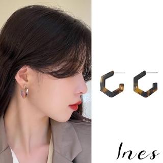 【INES】925銀針耳環 C圈耳環 豹紋耳環/韓國設計S925銀針幾何扁狀豹紋稜角C圈耳環(4色任選)