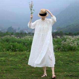 【米蘭精品】亞麻連身裙七分袖洋裝(圓領寬鬆雙層長款女裙子74ba6)