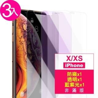 iPhone X XS 5.8吋 防窺藍紫光保護貼9H鋼化膜(3入 X保護貼 XS保護貼)