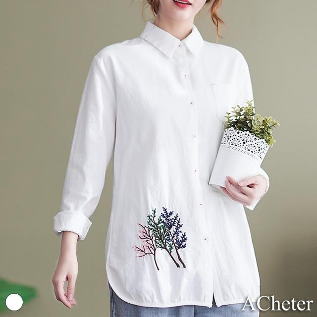 【ACheter】春新款文藝復古寬鬆棉麻刺繡襯衫#111672現貨+預購(白色)
