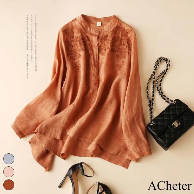 【ACheter】大碼棉麻刺繡文藝寬鬆顯瘦襯衫#111654現貨+預購(3色)