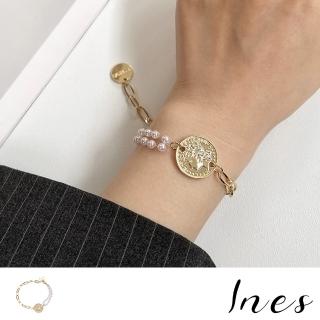 【INES】韓國設計不對稱珍珠鍊條復古頭像錢幣造型手鍊(不對稱手鍊 錢幣手鍊 珍珠手鍊)