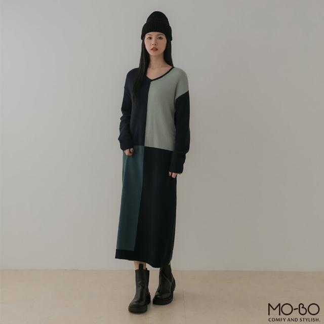 【MO-BO】唯美V領配色針織長洋裝(洋裝)