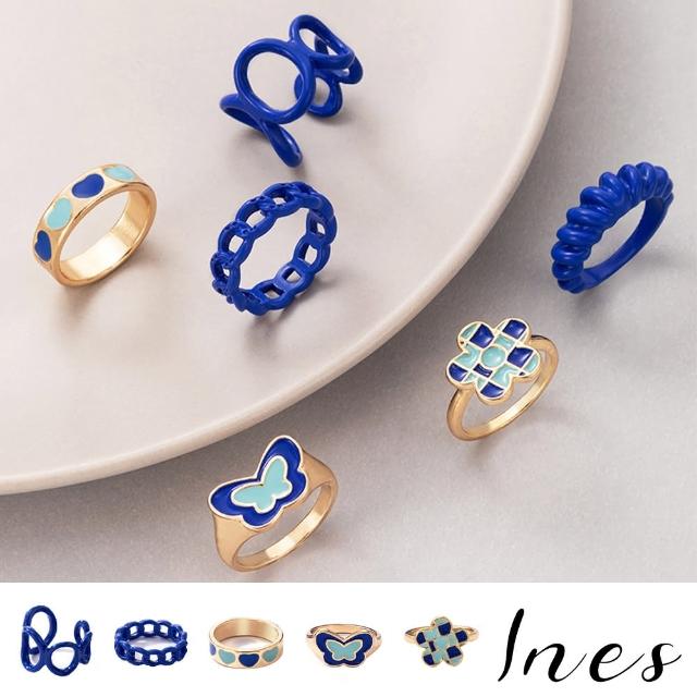 【INES】法式藍色花朵主題滴釉樹脂素材6件戒指套組(法式戒指 花朵戒指 滴釉戒指)