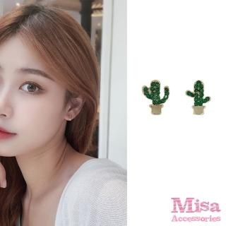【MISA】韓國設計S925銀針可愛系水鑽仙人掌造型耳環(S925銀針耳環 水鑽耳環 仙人掌耳環)