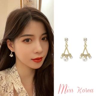 【MISS KOREA】韓國設計S925銀針浪漫三角珍珠吊墜美鑽造型耳環(925銀針耳環 珍珠耳環 水鑽耳環)
