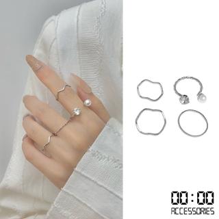 【00:00】韓國設計幾何素圈鋯石珍珠鑲嵌潮流戒指4件套組(珍珠戒指 幾何戒指 多件式戒指)