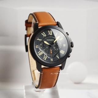 【FOSSIL】Grant 棕皮革錶帶 黑殼三眼計時手錶 男錶 情人節(FS5241)