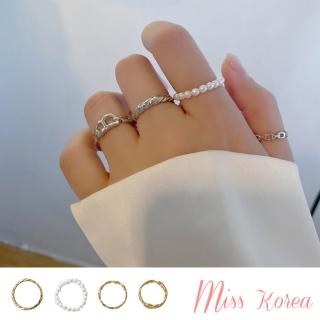 【MISS KOREA】鍊飾戒指 珍珠戒指/韓國設計時尚幾何鍊飾復古珍珠造型4件戒指套組(2色任選)