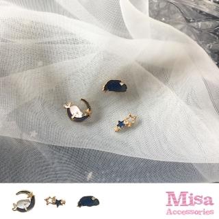 【MISA】韓國設計可愛睡覺貓咪雲朵星月造型3件耳環套組(貓咪耳環 雲朵耳環 星月耳環)