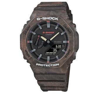 【CASIO 卡西歐】G-SHOCK 神秘森林系列 八角型 雙顯 防水200米 橡膠手錶 棕色 45mm(GA-2100FR-5A)