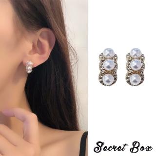 【SECRET BOX】韓國設計S925銀針氣質珍珠美鑽鑲嵌復古耳環(S925銀針耳環 水鑽耳環 珍珠耳環)