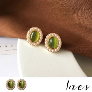 【INES】韓國設計S925銀針復古赫本風綠色貓眼石珍珠耳環(S925銀針耳環 綠色耳環 珍珠耳環)