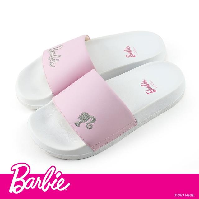 【Paidal】Barbie 芭比經典logo款電繡一片式運動拖鞋(甜心粉)