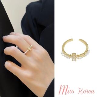 【MISS KOREA】韓國設計微鑲珍珠十字鋯石浪漫開口戒(珍珠開口戒 十字開口戒)