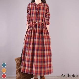 【ACheter】春裝新款大碼復古收腰顯瘦系帶格子棉麻洋裝#111681現貨+預購(3色)