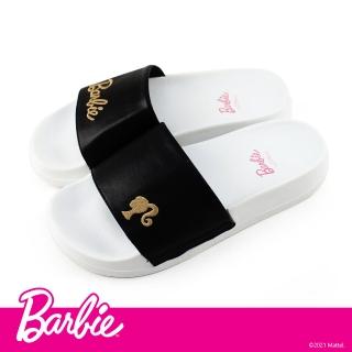 【Paidal】Barbie 芭比經典logo款電繡一片式運動拖鞋(個性黑)