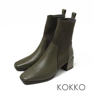 【KOKKO 集團】超平頭針織彈力方塊粗跟貼腿襪靴(霧面墨綠)