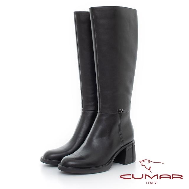 【CUMAR】簡約小V鑽飾直筒粗跟長靴(黑色)