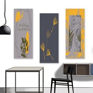 【24mama 掛畫】三聯式 油畫布 黃色 抽象 時髦 幾何 復古 裝飾 無框畫-30x80cm(熱帶樹葉)