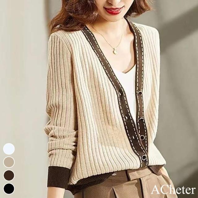 【ACheter】韓版撞色拼接時尚V領針織短外套#111715現貨+預購(4色)